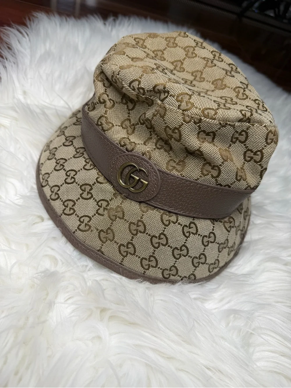 Gucci Tan/Brown GG Monogram Leather-Trim Cap